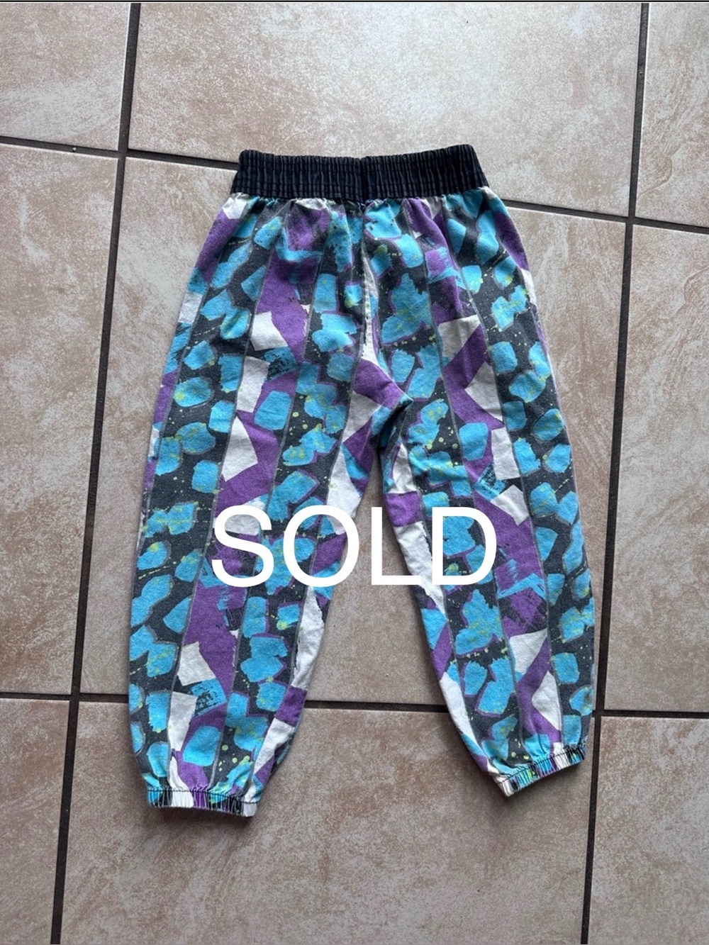 SOLD Vintage Kids Abstract Jogger Cotton Pants in Teal, Purple & Black